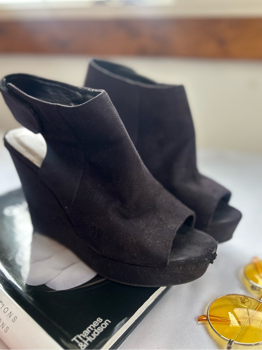 Manhattan collection 9 Black Suede Peep-Toe Wedge Sandals